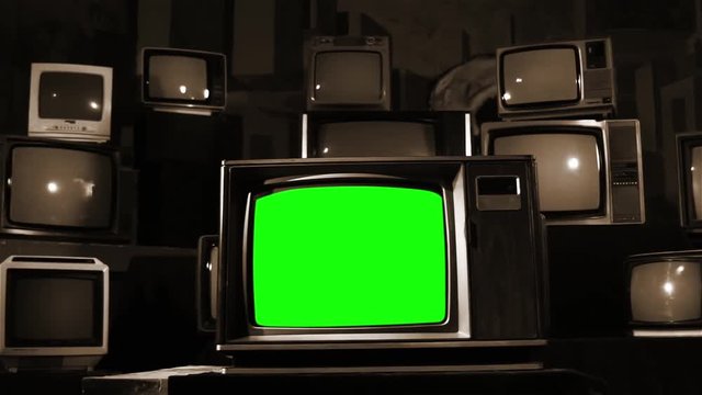 Old TV Green Screen. Sepia Tone.  You can replace green screen with the footage or picture you want. You can do it with “Keying” effect in After Effects  (check out tutorials on YouTube). 