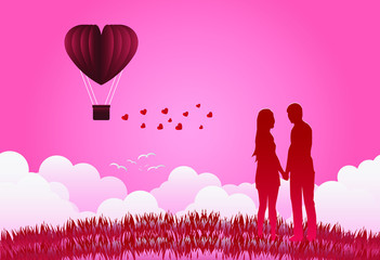 Valentine's day balloons in a heart shaped flying over grass view background,Standing hand in hand, showing love to each other. paper art style. vector illustrator