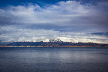 Snowy Mountain in the Distance across the Sea in Reykjavik: