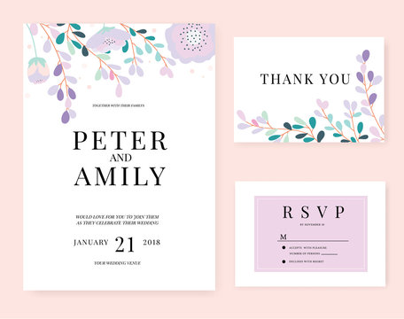 wedding invitation card with flower template pink set