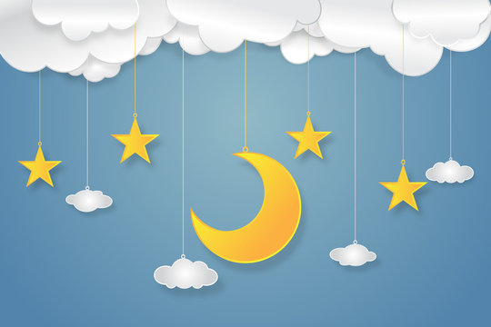 Origami design of Half moon, clouds and stars in the night as paper art and craft style concept. vector illustrator.
