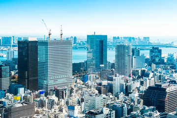 Asia Business concept for real estate and corporate construction - panoramic modern city skyline bird eye aerial view with crane near tokyo tower under bright sun and vivid blue sky in Tokyo, Japan