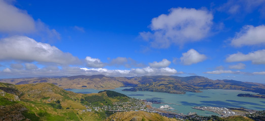 Beautiful panoramic view of Lyttelton Port and Harbour from the Christchurch Gondola Station  at the top of the Port Hills, Christchurch, Canterbury, New Zealand.