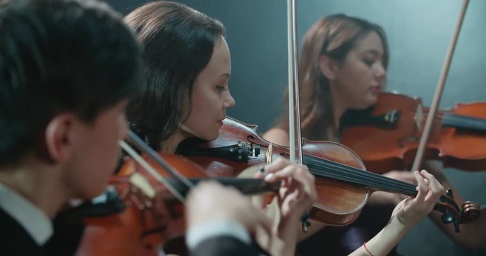symphony orchestra performance, close-up of stringed instruments at work