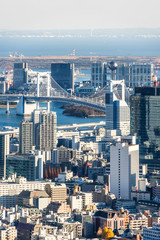 Asia Business concept for real estate and corporate construction - panoramic modern city skyline bird eye aerial view of Odaiba & rainbow bridge in Roppongi Hill, Tokyo, Japan