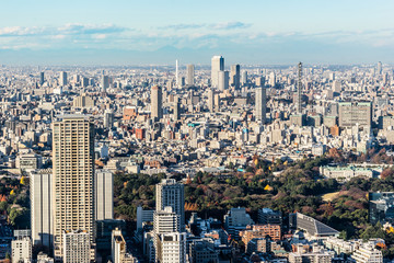 Asia Business concept for real estate and corporate construction - panoramic modern city skyline bird eye aerial view of Shinjuku under blue sky in Roppongi Hill, Tokyo, Japan