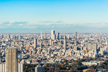 Asia Business concept for real estate and corporate construction - panoramic modern city skyline bird eye aerial view of Shinjuku under blue sky in Roppongi Hill, Tokyo, Japan