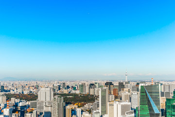 Asia Business concept for real estate and corporate construction - panoramic modern city skyline bird eye aerial view under blue sky in Roppongi Hill, Tokyo, Japan