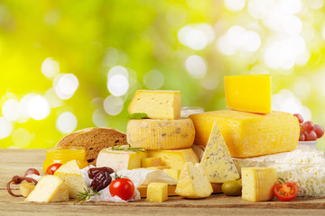 Tasty beautiful cheese composition on wooden board