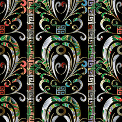 Floral colorful 3d seamless pattern. Vector damask  background with hand drawn flowers, vertical  stripes, borders, greek key, meander ornaments. Ornate design  for fabric, prints, wallpapers