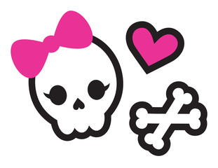 Cute set of a skull with bow, bones, and pink heart vector illustration.