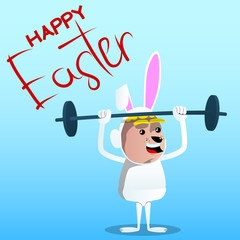 Boy dressed as Easter bunny lifting barbell. Vector cartoon character illustration.