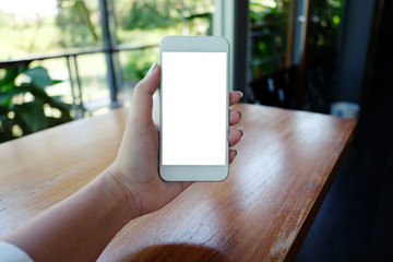 Close up of women's hands holding cell telephone blank copy space screen. smart phone with technology concept.