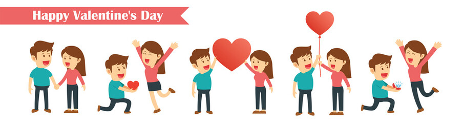 Set of characters couples happy valentines day isolated on white background.