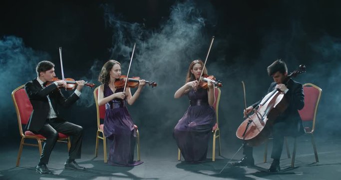 string musicians quartet during the performance of the symphony at the concert, black background with smoke