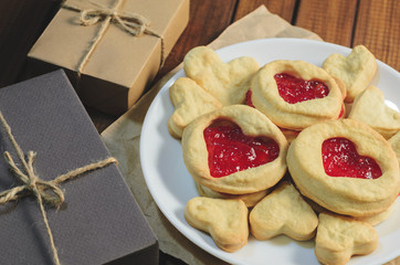 Cookies in the shape of hearts and gifts Valentine's day, top view