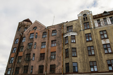 Fototapeta premium Facade of old red brick building in Vyborg, Russia