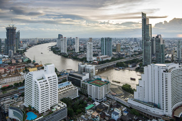 Bangkok City - Aerial view  Chao Phraya River Bangkok city urban downtown skyline of Thailand , Cityscape Thailand
