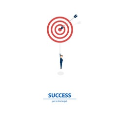 Businessman win a target goal. Business concept of achievement, success and ambition. Vector illustration.