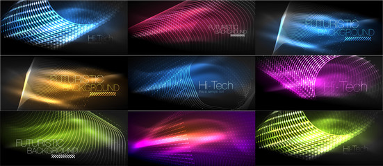Set of hi-tech futuristic techno backgrounds, neon shapes, waves and lines
