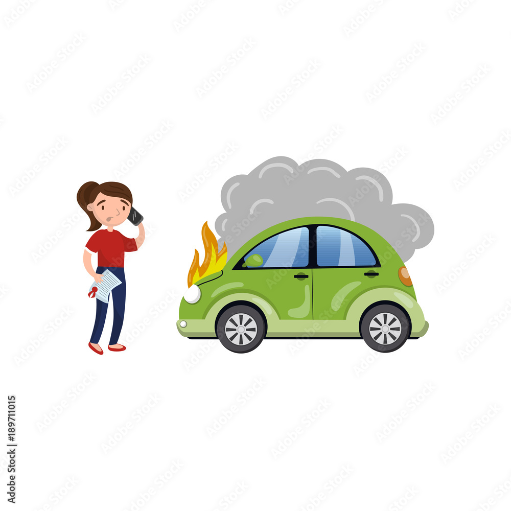 Canvas Prints Female driver calling for help after car accident, burning car, car insurance cartoon vector Illustration