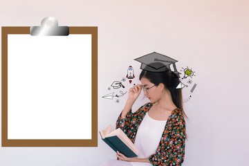 Back to school and education concept: A portrait of young asian student smiling with education and learning doodles icon and blank board mockup template