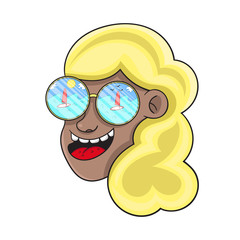 cartoon character portrait of a girl in sunglasses, the reflection of the sea in a glass, vector illustration