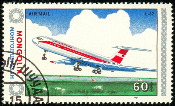 Ukraine - circa 2018: A postage stamp printed in Mongolia show aircraft Il-62. Series: Airplanes. Circa 1984.