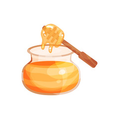 Glass jar of honey with wooden dipper cartoon vector Illustration