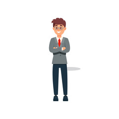 Obraz premium Smiling businessman in formal clothes standing with folded hands, business character working in office cartoon vector Illustration