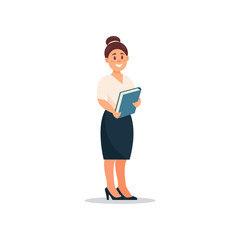 Businesswoman standing with a folder in her hands, secretary woman, business character working in office cartoon vector Illustration