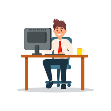 Smiling businessman sitting at the desk working with laptop computer, business character working in office cartoon vector Illustration