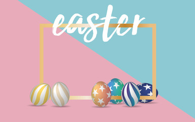 Handrawn Easter font with 3d Easter eggs in Pastel Pink and  green color palette background. Vector ilustration.EPS 10