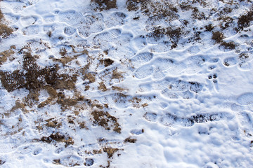 Footprints from shoes on snow as background