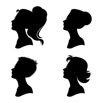 Woman's profiles vector set. Various hairstyles.