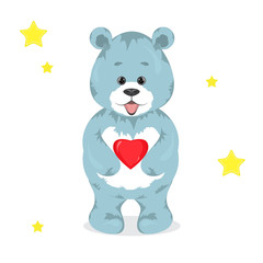 Fototapeta premium Cute cartoon bear holding a red heart in his paws.Plush characte