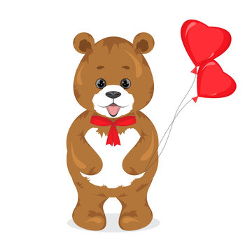 Cute cartoon brown bear holding a red balloons in his paw.Plush