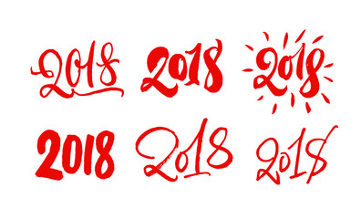 Set of 2018 lettering. Hand drawn 2018 year calligraphy numbers. Red on white. Modern style collection