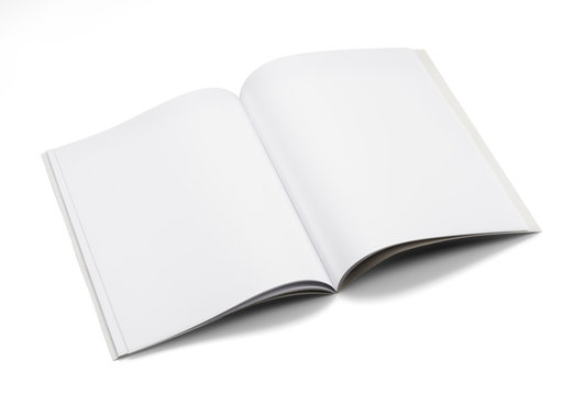 Mock-up magazine, book or catalog on white table. Blank page or notepad on solid background. Blank page or notepad for mockups or simulations.