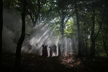 Gordijnen silhouette of a group of women in a dark forest with smoke © yuriy
