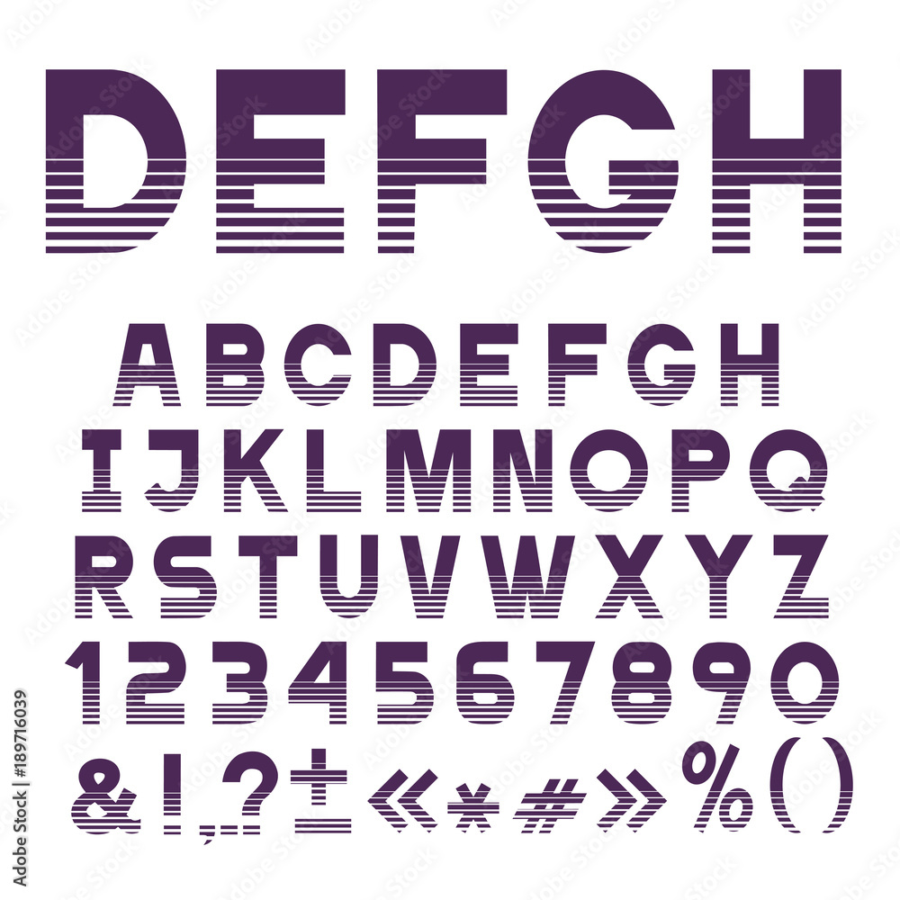 Poster stylish striped font, alphabet letters,numbers and punctuation marks