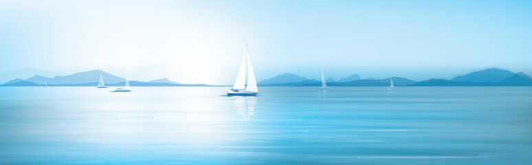 Fototapeta na wymiar Vector blue sea, sky background and yachts.