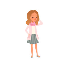 Pretty brunette girl posing in t-shirt, pink jacket, scarf and striped skirt. Stylish female clothes. Cartoon teenager character Colored flat vector design