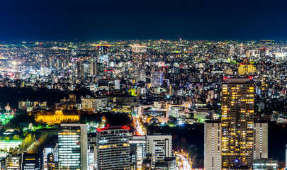 Asia Business concept for real estate & corporate construction - panoramic modern city skyline view with neon night in Roppongi Hill, Tokyo, Japan