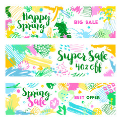 Set of spring sale banners. Hand drawn phrases. Artistic colorful background. Trendy abstract design.