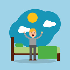 man waking up in the morning stretching sitting on his bed sunshine vector illustration