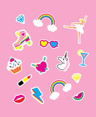 Fashion items girls set of unicorn head, heart, diamonds, lips icons.