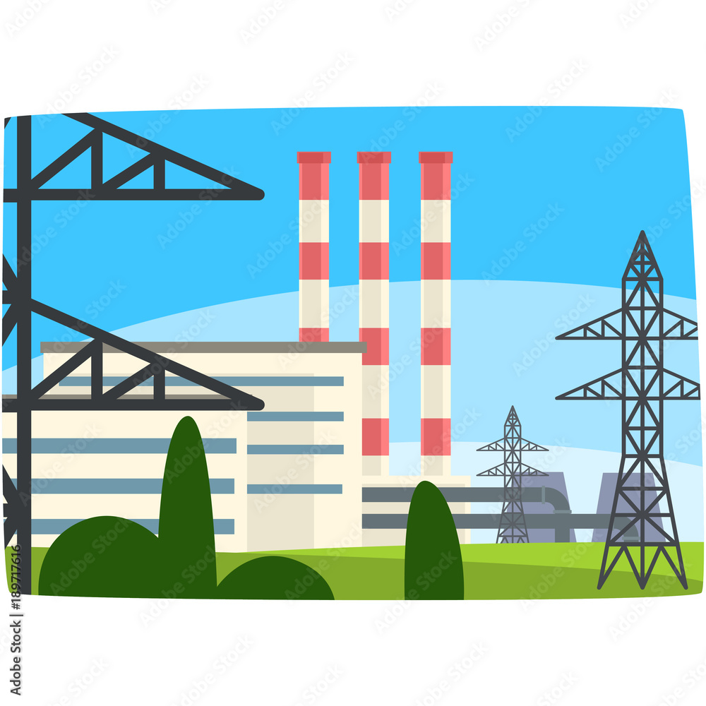 Poster traditional energy generation power station, fossil fuel power plant horizontal vector illustration