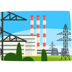 Traditional energy generation power station, fossil fuel power plant horizontal vector illustration