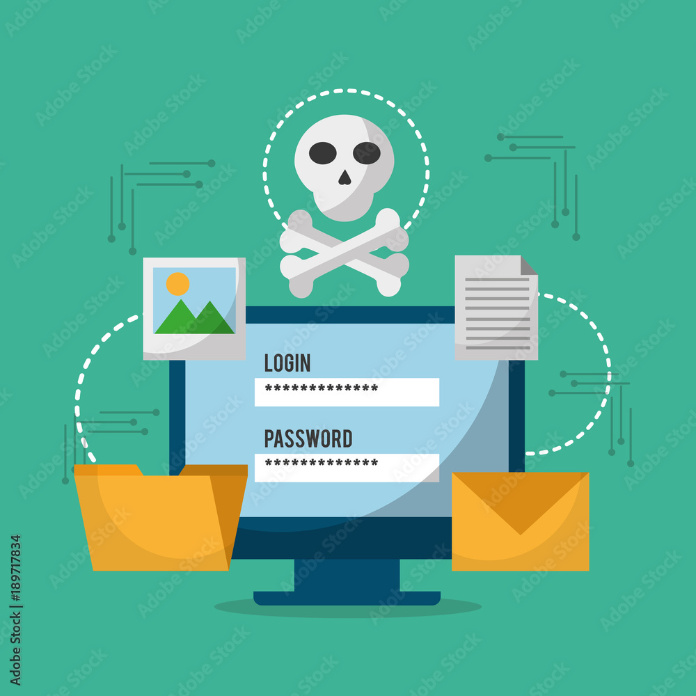 Poster computer technology login password skull danger file email vector illusrtation